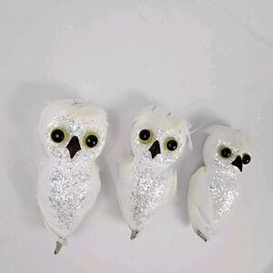 Vintage Owl Christmas Tree Ornaments Snowy White Glitter Feathers Clip On